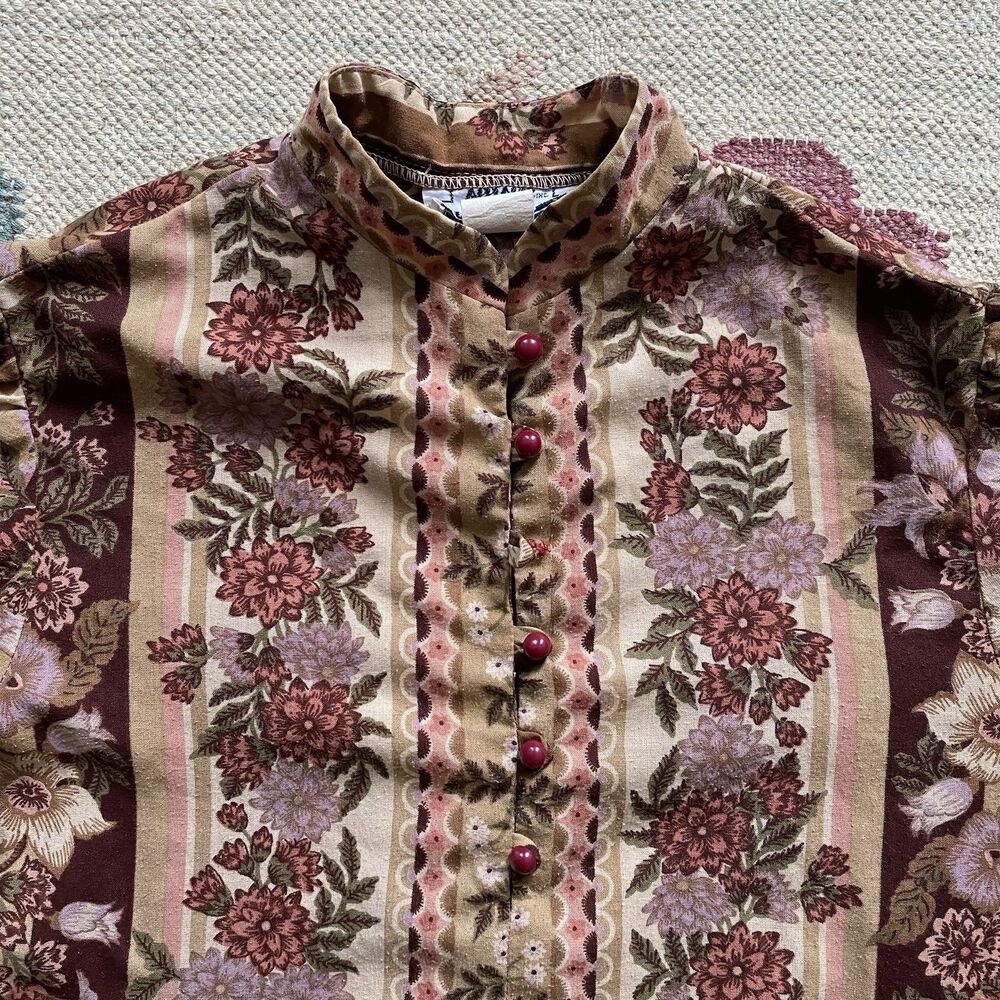 70s Applause Showstopper Floral Blouse Band Collar Medium Hippie Boho Vintage